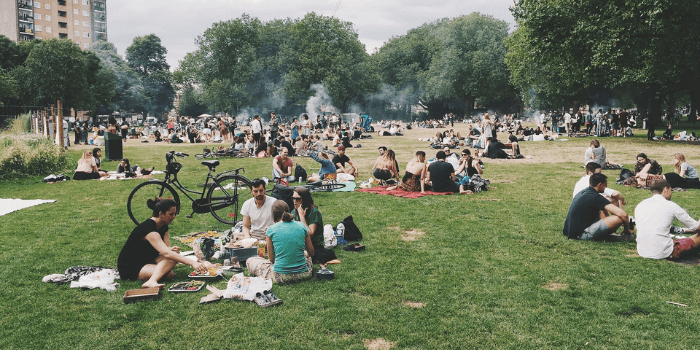 Viele Menschen auf einer Wiese die miteinander Freude haben