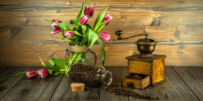 Glas mit ausgeschütteten Kaffeebohnen, Kaffeemühle, Strauß Tulpen