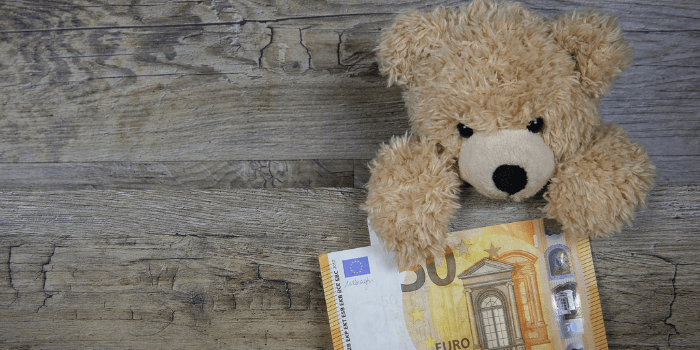 Teddybär hält 50 Euro Schein