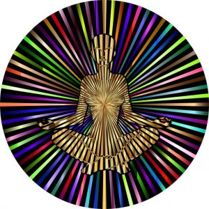 Meditierende Figur umgeben von Farbstrahlen