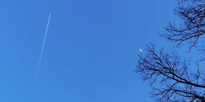 Blick in den Himmel mit Flugzeug und Mondsichel