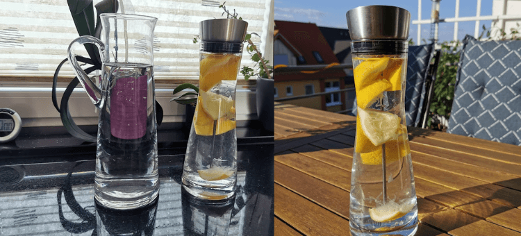 1 l Wasser in der Karaffe, 3/4 l Wasser mit Zitronenschale