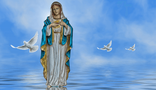 Mutter Maria auf Wasser gehend mit Tauben um sie herum
