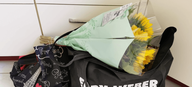 2 Taschen mit Einkäufen und einen Strauß Sonnenblumen