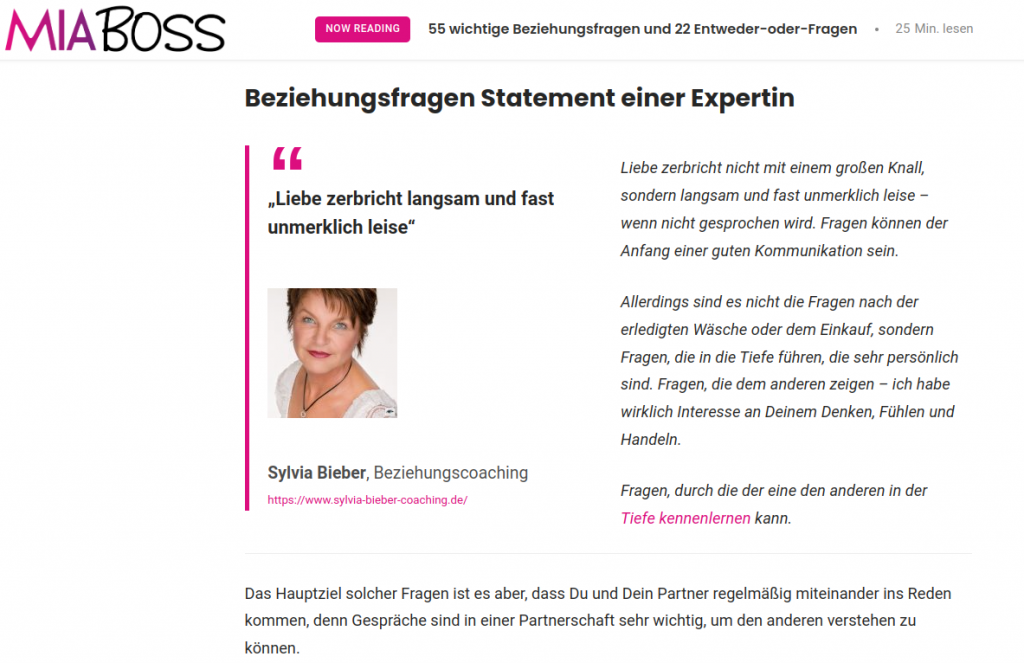 Ein Artikel in MiaBoss wo Sylvia Bieber als Beziehungsexpertin ein Interview gab. "Beziehungsfragen Statement einer Expertin"