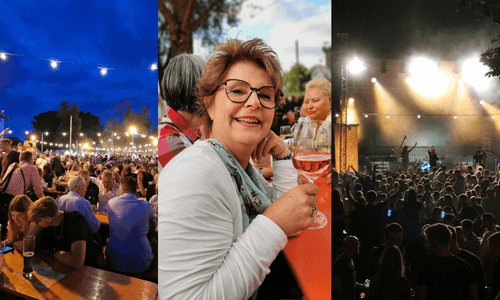 Jahresrückblick 2022, der Festplatz des Sander Weinfestes in der Nacht, in der Mitte des Bildes ich mit einem Glas Wein