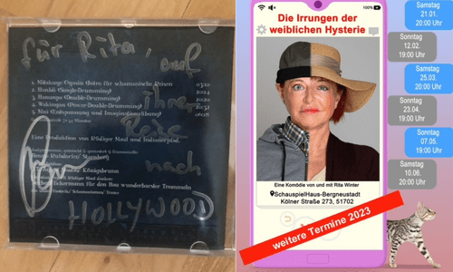 Jahresrückblick 2022, auf einer CD steht "Für Rita, auf ihrer Reise nach Hollywood", außerdem Werbeplakat für das Theaterstück