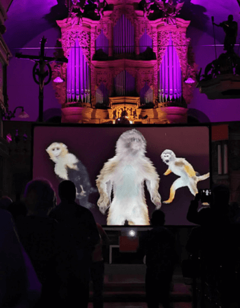 Affen tanzen auf einer Leinwand in der Kirche