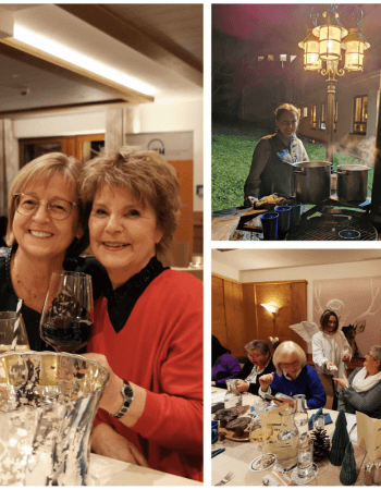 Collage: Zwei Frauen mit Wein in der Hand, Frau vor Glühweintöpfen, Engel bringt Geschenke