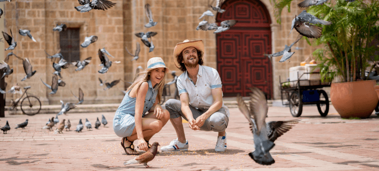 Die Sache mit der Liebe: Paar hockt zwischen Tauben, lacht und freut sich an deren Flug