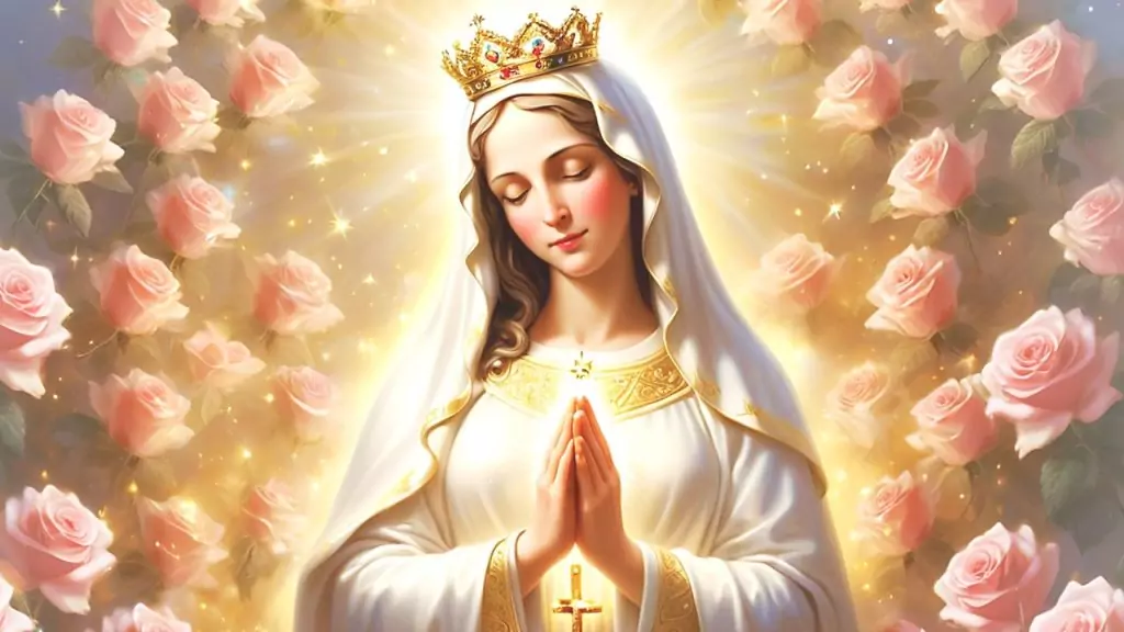 Mutter Maria im Hintergrund rosa Rosen
