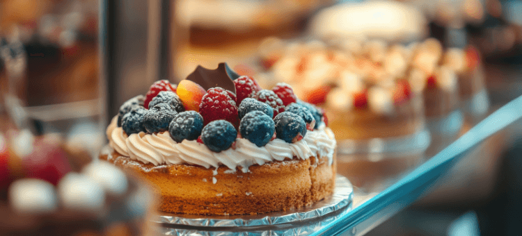 Obstkuchen in der Vitrine eines Cafes