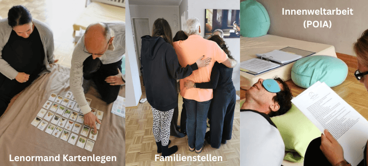 Collage mit Lenormandkarten, Familienstellen und Innenweltarbeit als Methoden im Coaching