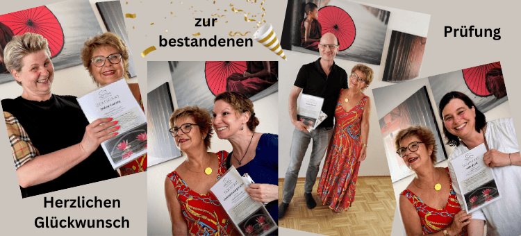Sylvia Bieber mit lachenden Teilnehmerinnen und Teilnehmern bei der Zertifikatsübergabe der Coachingausbildung